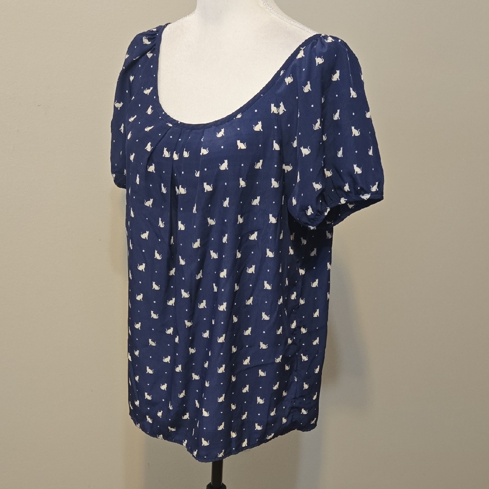 Navy Blue Women's Top with White Pattern